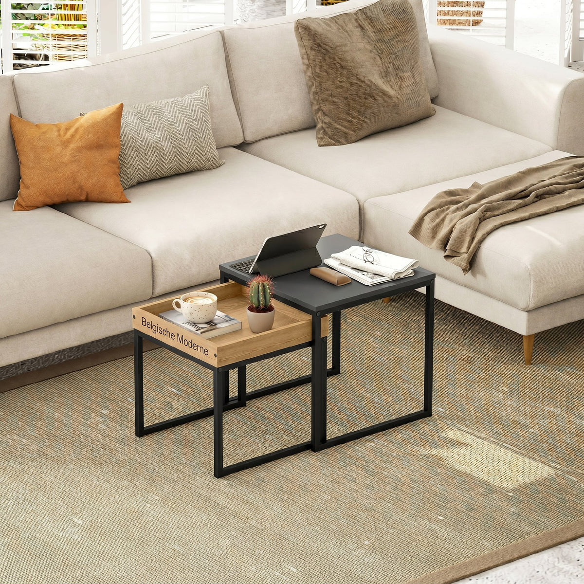 Lot de 2 tables basses gigognes carrées, tables gigognes de salon avec cadre en acier, style moderne, noir-6
