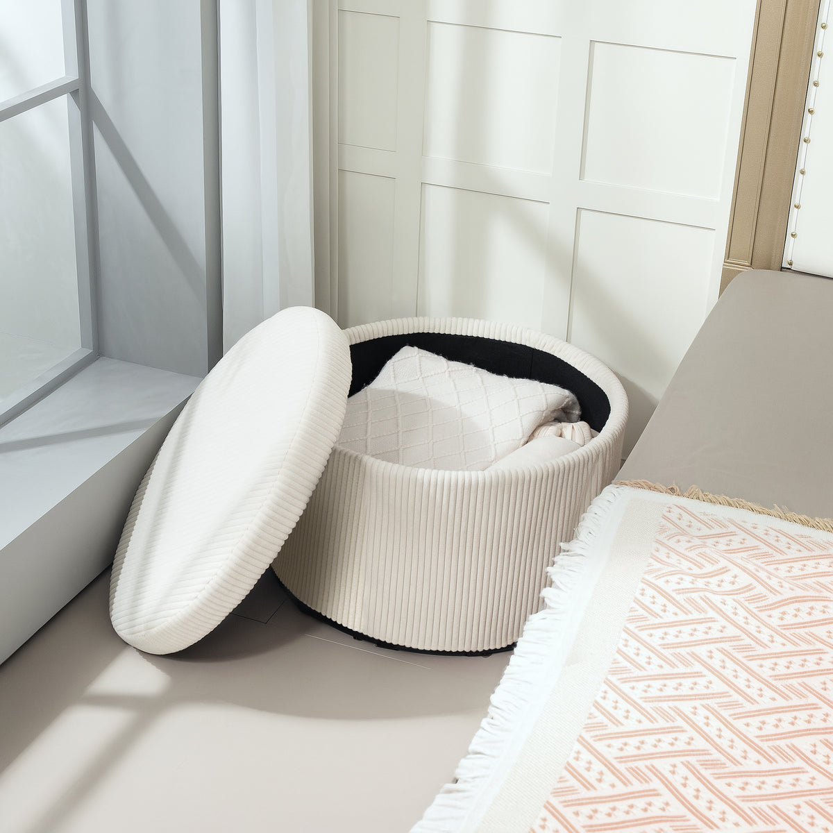 Pouf coffre rangement, tabouret rond, pouf repose-pieds en velours côtelé, charge 120 Kg, Ø 60 x 41 cm, beige-7