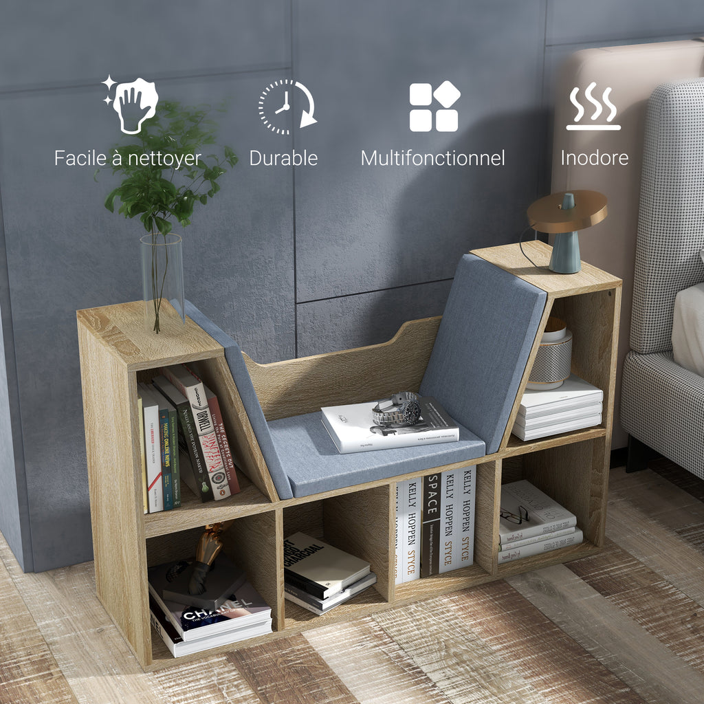 Bibliothèque Banc 2 en 1 Design Contemporain 6 casiers 3 Coussins fournis 102L x 30l x 61H cm Chêne Gris-6