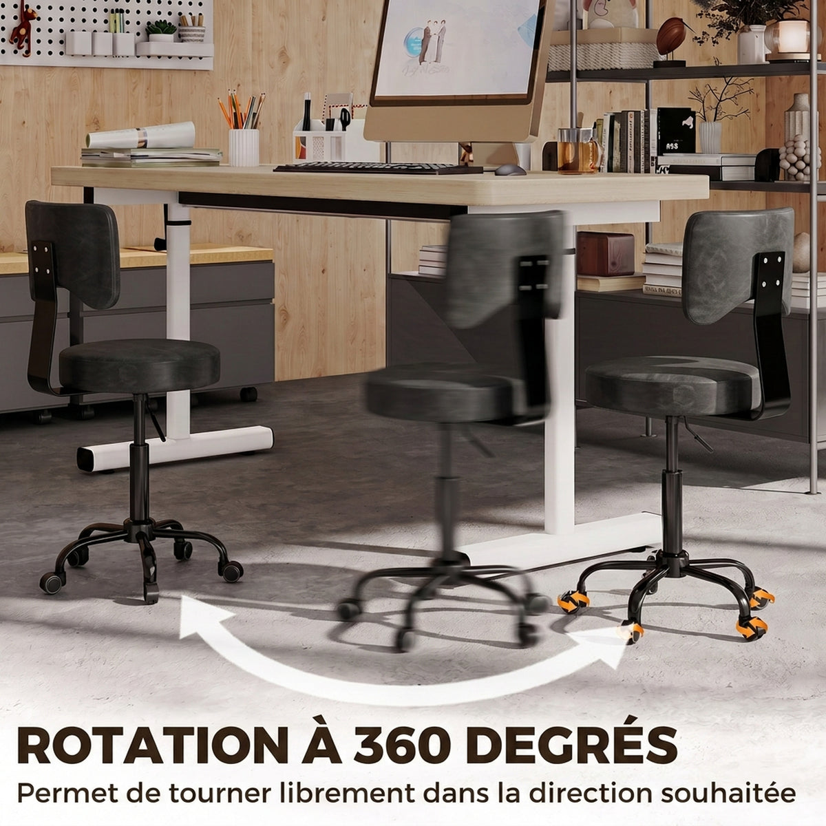 Tabouret à Roulettes, Hauteur Réglable 72-87,5cm, Tabouret de Massage Assise et Dossier Rembourrés, Pivotant 360°, Noir-4