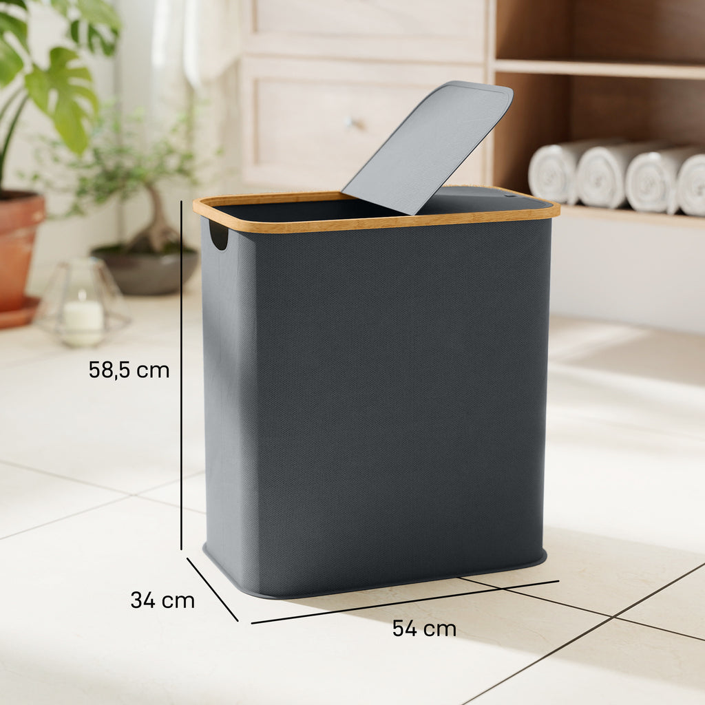 Panier à linge double pliable 80 L corbeille à linge sale avec couvercle, poignées rainurées, gris-2