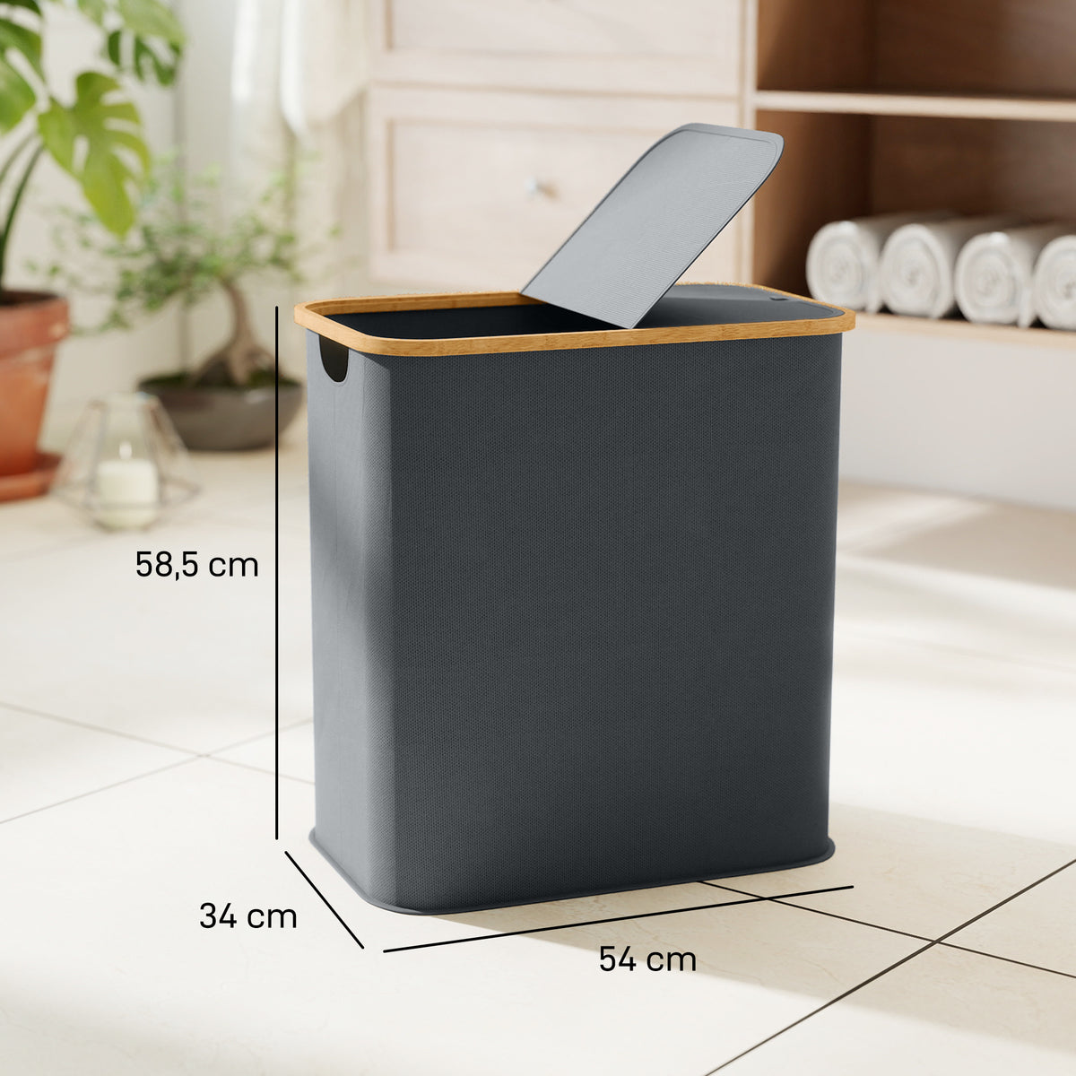 Panier à linge double pliable 80 L corbeille à linge sale avec couvercle, poignées rainurées, gris-2