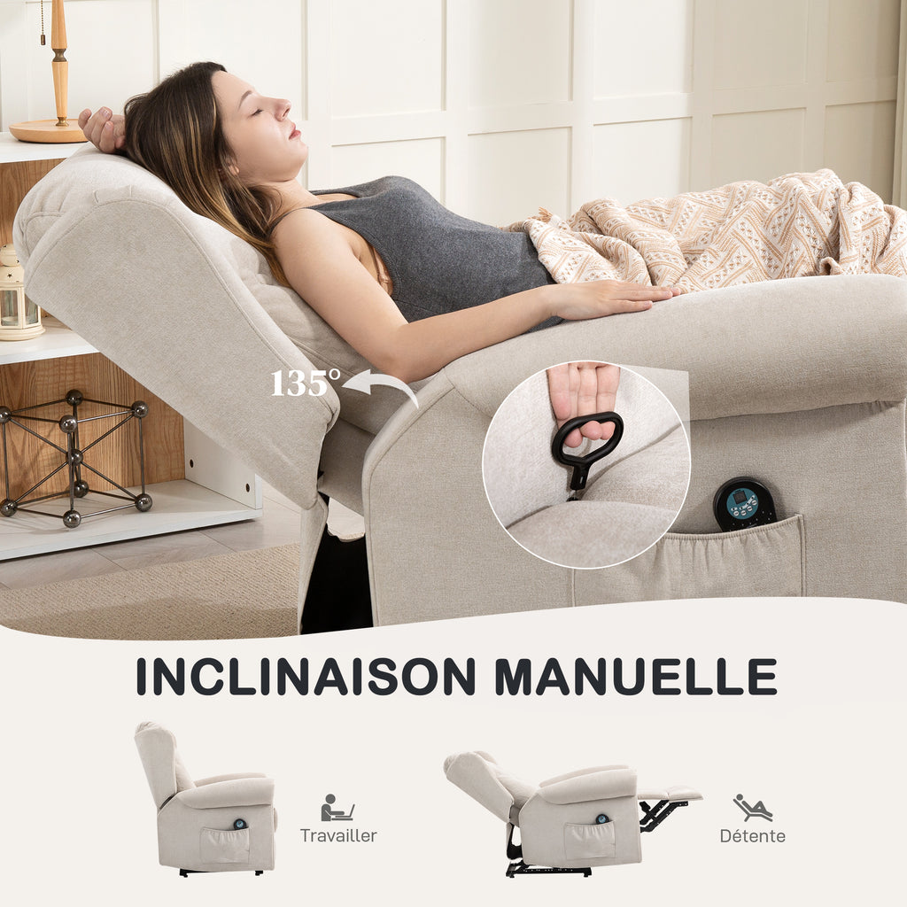 Fauteuil relax massant et chauffant avec dossier et repose-pieds réglable manuellement, poche latérale, beige-4