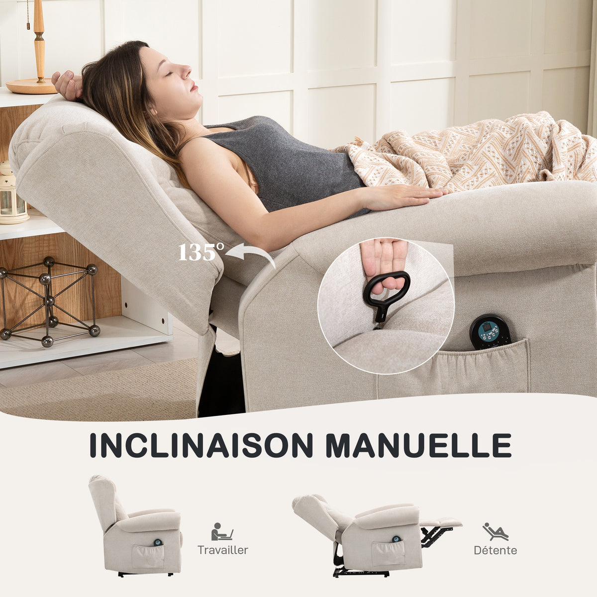 Fauteuil relax massant et chauffant avec dossier et repose-pieds réglable manuellement, poche latérale, beige-4