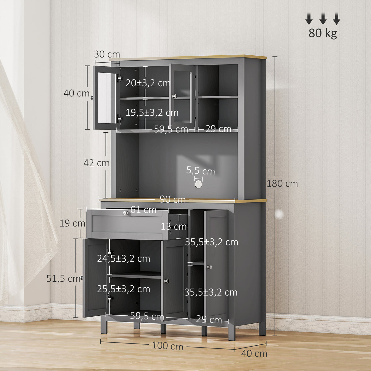 Armoire de cuisine buffet cuisine 5 portes dont 2 portes vitrées et 1 tiroir, 1 niche centrale - hauteur 180 cm gris-2