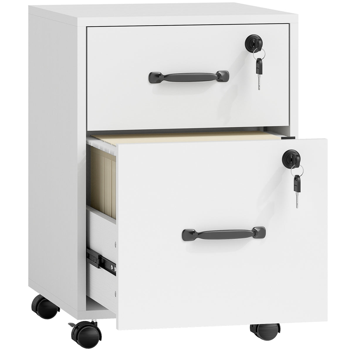 Caisson bureau mobile à 2 tiroirs, meuble rangement bureau sur roulettes pour documents suspendus format lettre, blanc-0