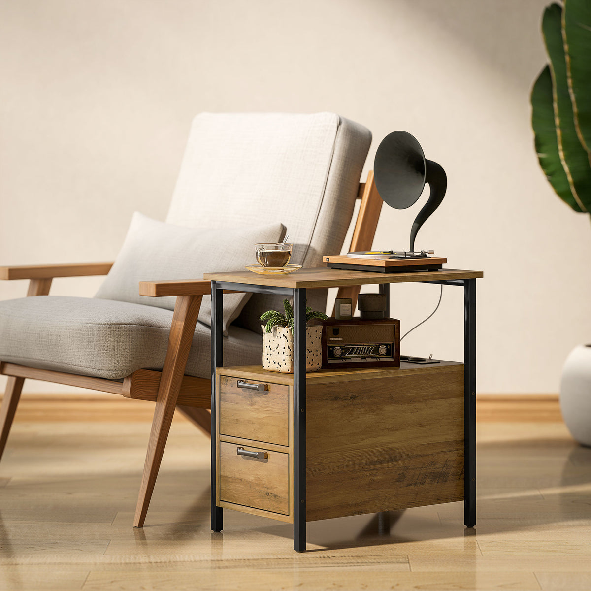 Table d'appoint table de chevet avec 2 prises port USB 1 prise type C câble de 143 cm tiroirs et étagère bois naturel-1