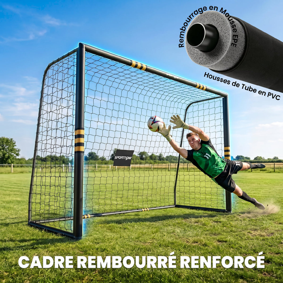 But de Football pour Enfant et Adulte 3 x 2 m, Envoloppé Mousse de Protection, 7 Piquets de Sol, Filet en PE, Jaune-4