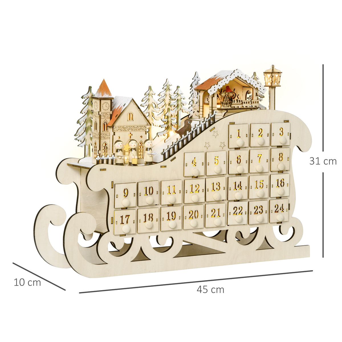 Calendrier avent bois Lumineux Frome traineau - 10 lumières Blanc Chaud - 24 tiroirs - décoration Lumineuse Noël-2