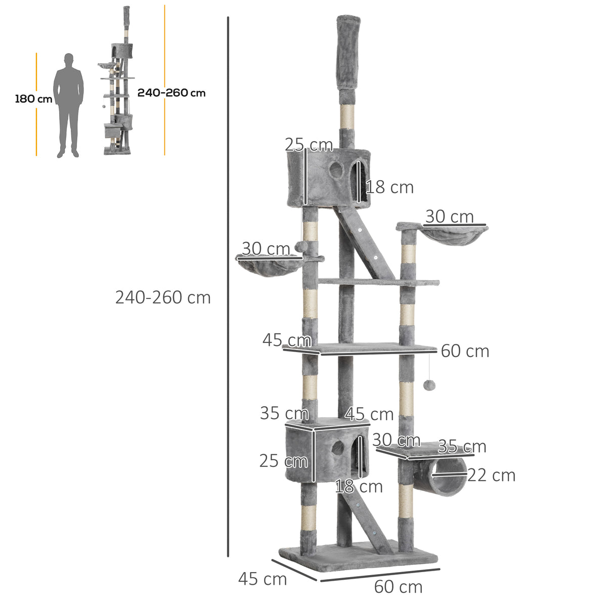 Arbre à chat du sol au plafond, tour à chat réglable en hauteur de 240-260 cm à plusieurs niveaux, gris clair-2