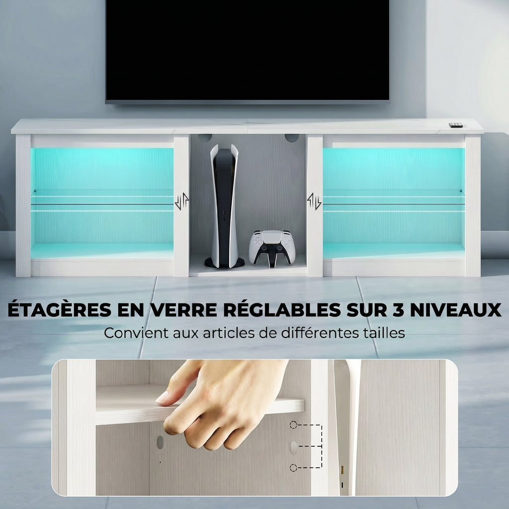Meuble TV avec éclairage LED pour télévision jusqu'à 70 pouces, 160cm avec étagères en verre réglables, blanc-5