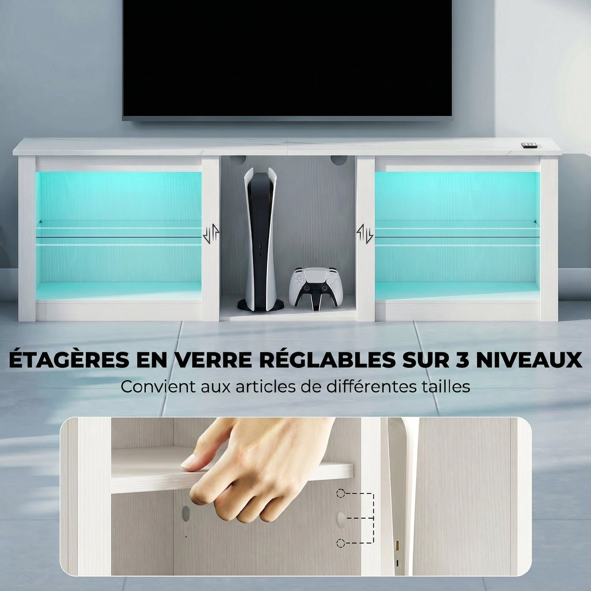 Meuble TV avec éclairage LED pour télévision jusqu'à 70 pouces, 160cm avec étagères en verre réglables, blanc-5