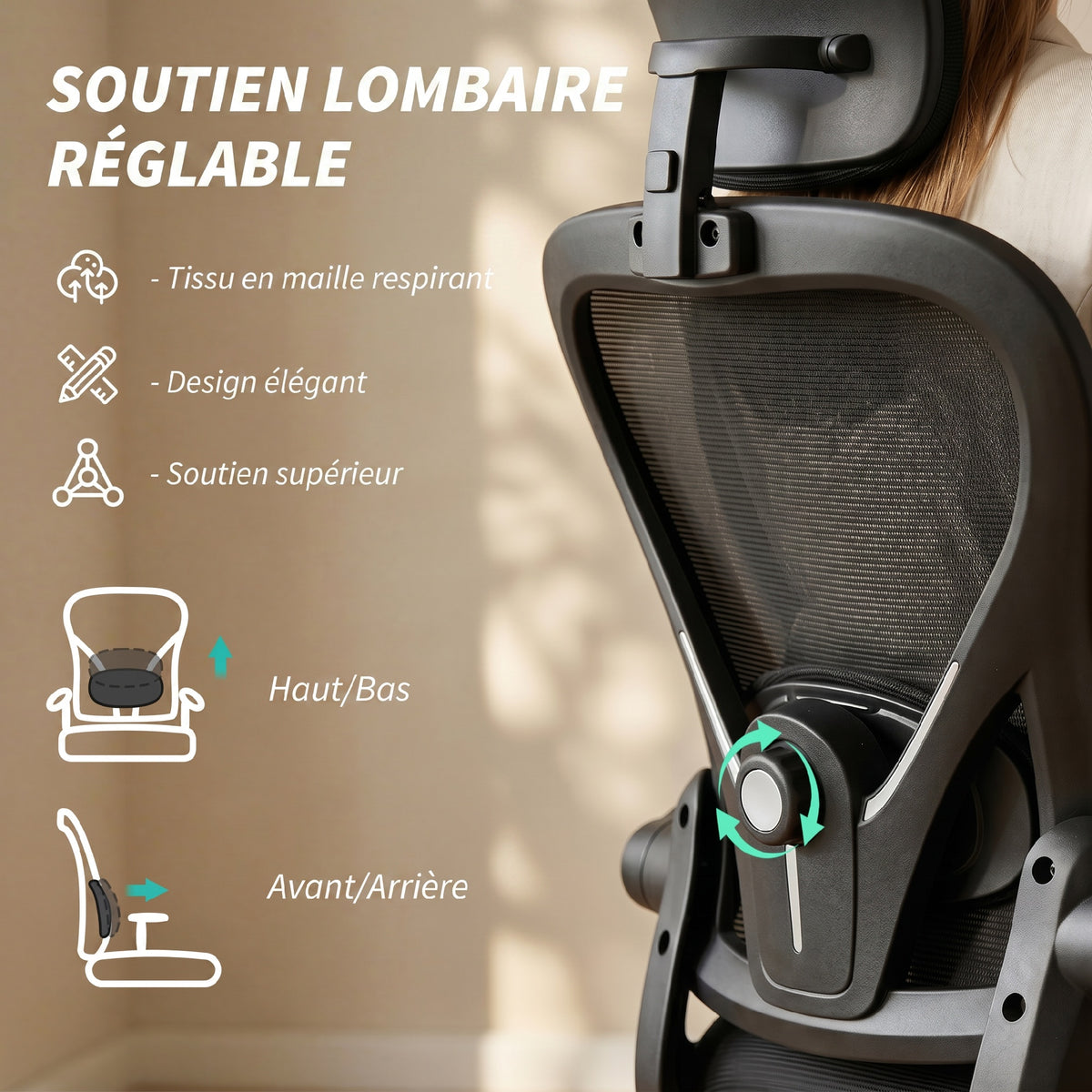 Chaise de Bureau Ergonomique, Fauteuil de Bureau en Maille avec Appui-Tête et Soutien Lombaire Réglables, Noir-4
