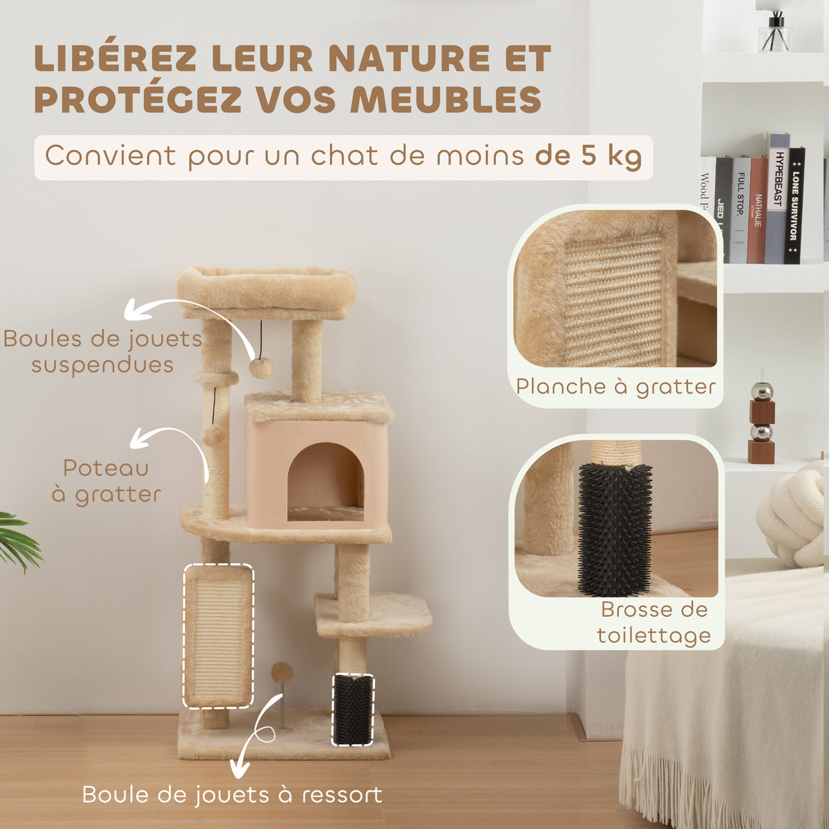 Arbre à chat, tour de jeux, hauteur de 132 cm, avec lit, maison, brosse de toilettage,  55 x 44 x 132 cm, beige-4