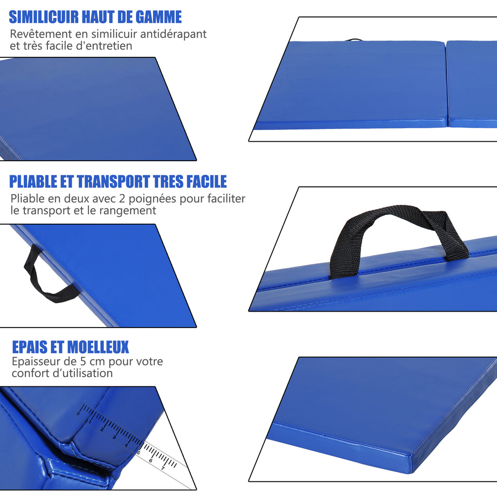 Tapis de gymnastique yoga pilates fitness pliable portable grand confort 180L x 60l x 5H cm revêtement synthétique bleu-5