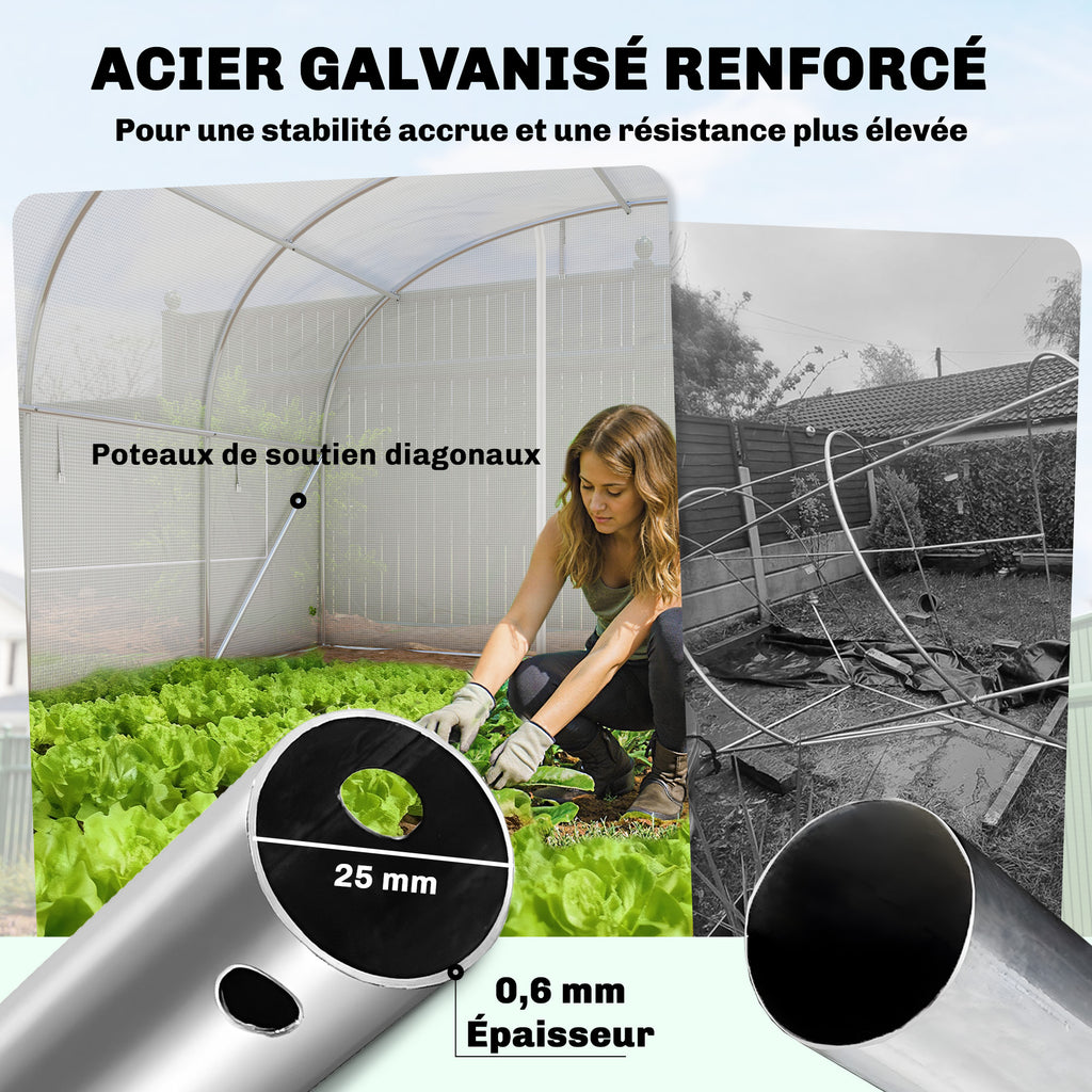 Serre tunnel de jardin 24m², serre de jardin tunnel avec cadre en acier galvanisé, portes et 2 grandes fenêtres, blanc-3