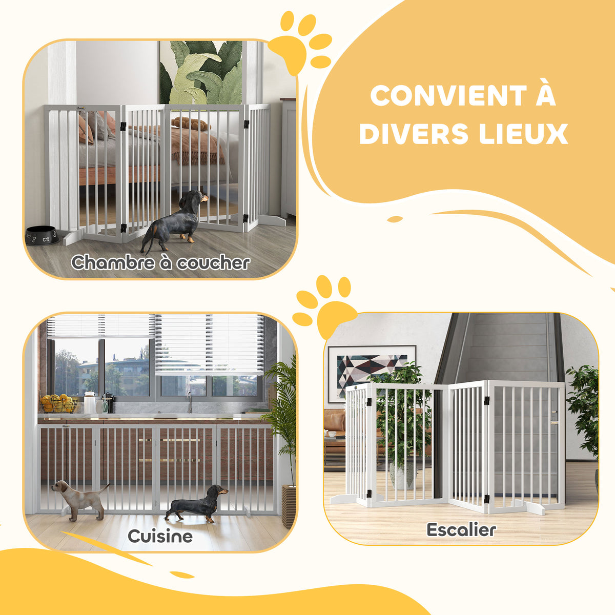 Barrière de sécurité modulable pliable pour animaux de compagnie avec pied de support, bois massif, 206 x 35,5 x 76 cm-3