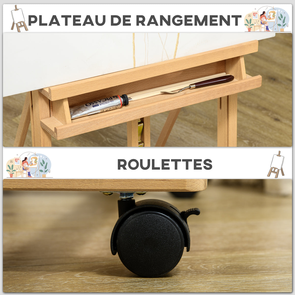 Chevalet d'artiste sur roulettes pliable en bois de hêtre pour toiles à peindre jusqu'à 118 cm bois naturel-5