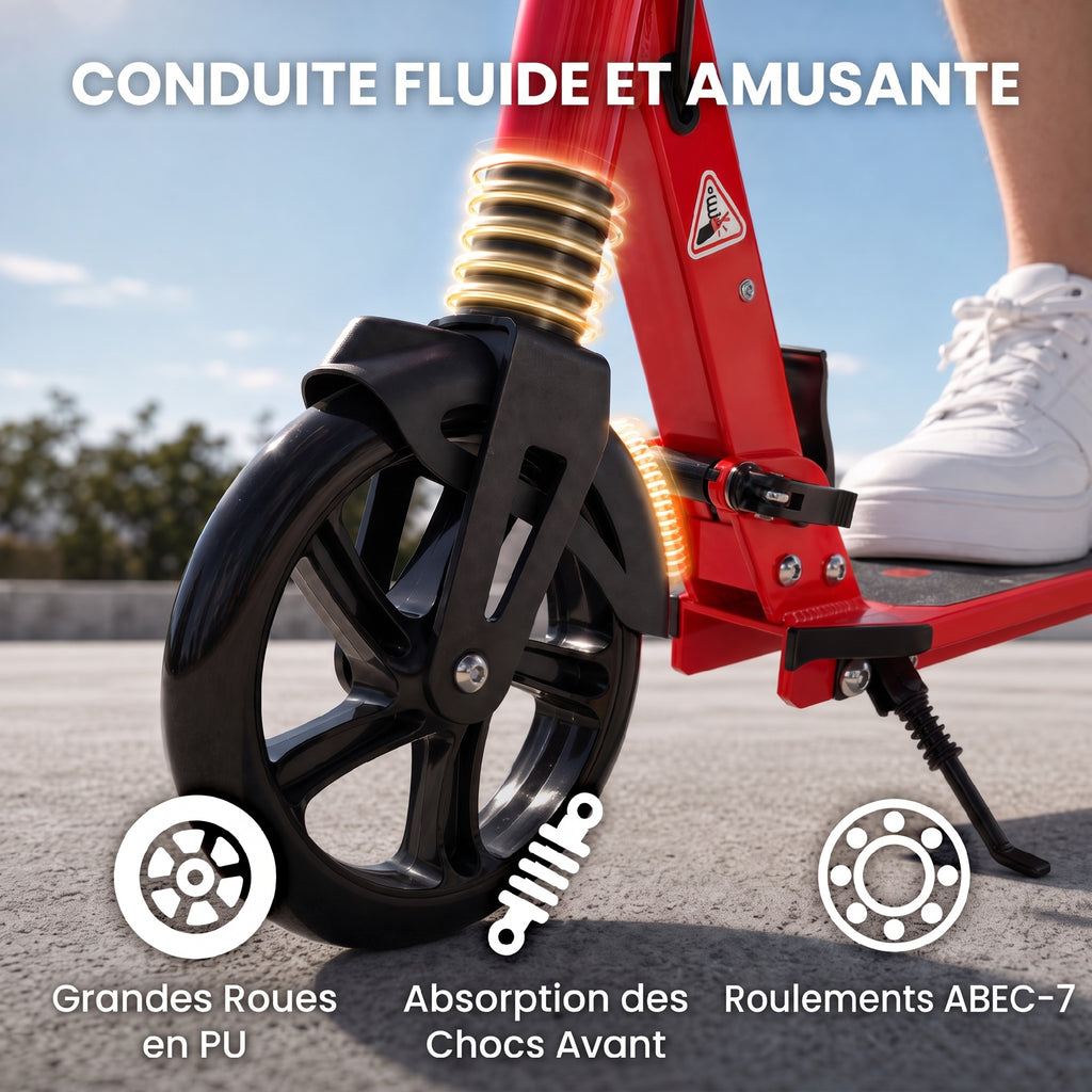 Trottinette Pliable en Aluminium, Guidon Réglable, Freinage Double à Main/Pédale, Roues PU 18 cm, 86x38x103,5cm, Rouge-5