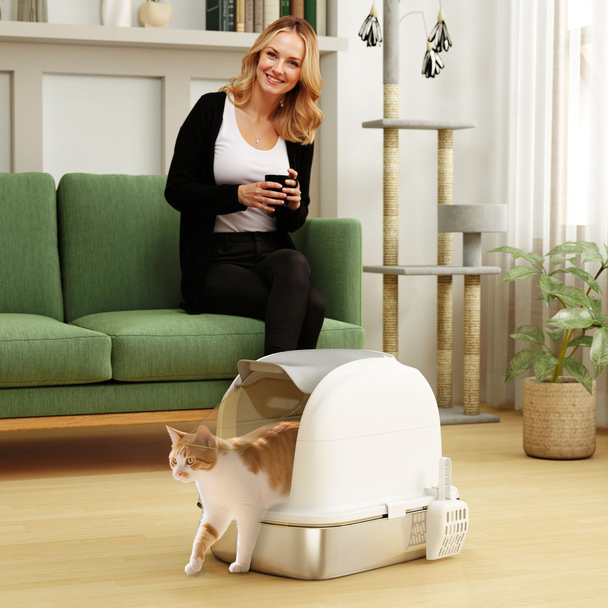 Bac à Litière pour Chat en Acier Inoxydable Caisse Litière Fermée pour Chats Couvercle Contrôle des Odeurs XL Blanc-9