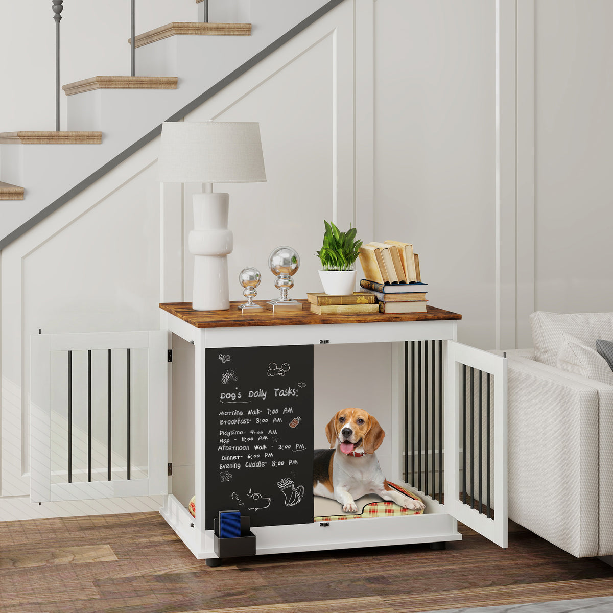 Cage pour chien cage chien intérieur avec 2 portes tableau noir pour chiens taille moyenne 20 kg 80 x 60 x 70 cm blanc-1