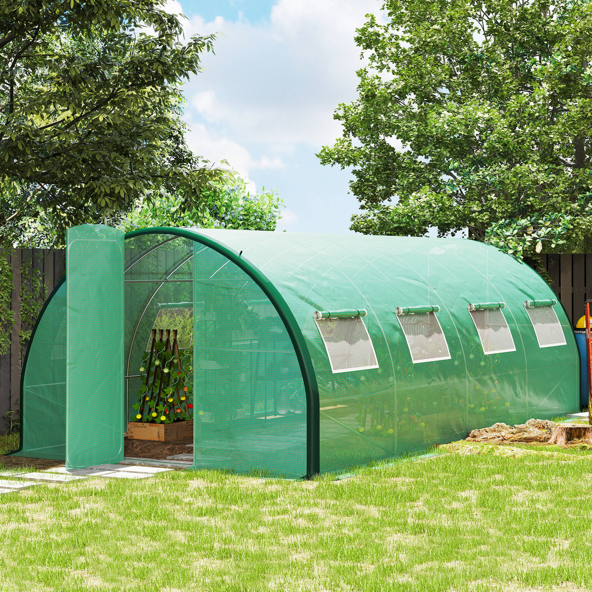Serre de jardin tunnel serres tunnel 18 m² 8 fenêtres 2 portes articulées toile PE structure en fer galvanisé vert-1