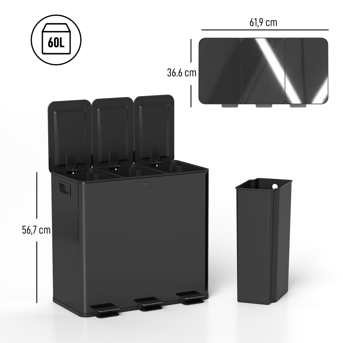 Poubelle de cuisine, poubelle tri sélectif, 3 compartiments de 20L, seaux intérieurs amovibles, 61,9x36,6x56,7cm, noir-2