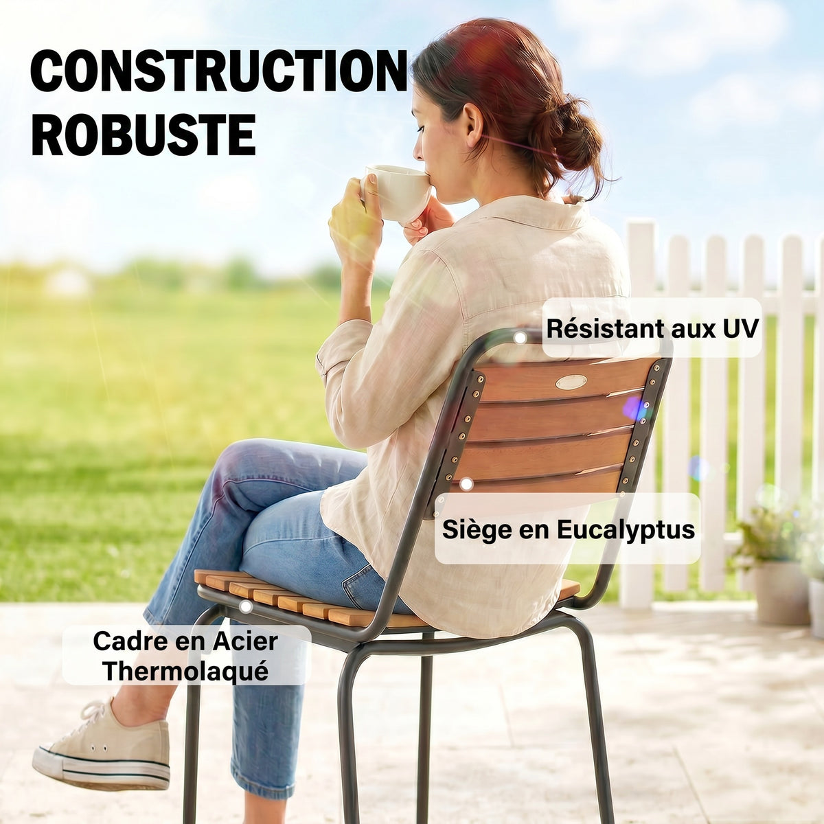 Lot de 2 Chaises de Jardin Empilables, Assise et Dossier en Bois Massif à Lattes, Cadre en Acier, 61x47x81cm, Naturel-4