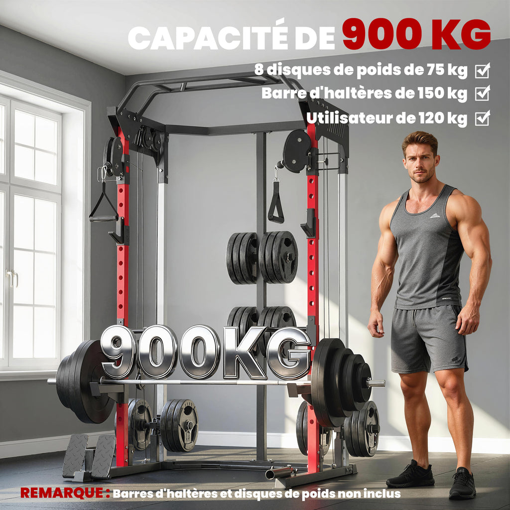 Station de Musculation Power Rack 900kg Double Poulie Réglable 19 Niveaux Home Gym Complet pour Entraînement Force Noir-4