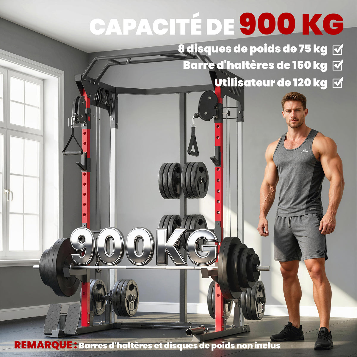 Station de Musculation Power Rack 900kg Double Poulie Réglable 19 Niveaux Home Gym Complet pour Entraînement Force Noir-4