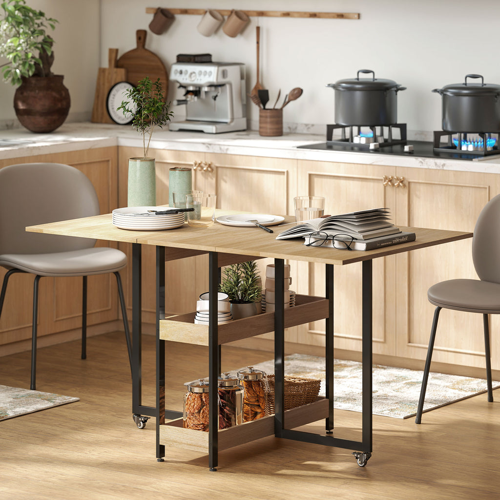 Table à manger pliante sur roulettes 4 personnes avec compartiments ouverts, pour petits espaces, salle à manger, chêne-1