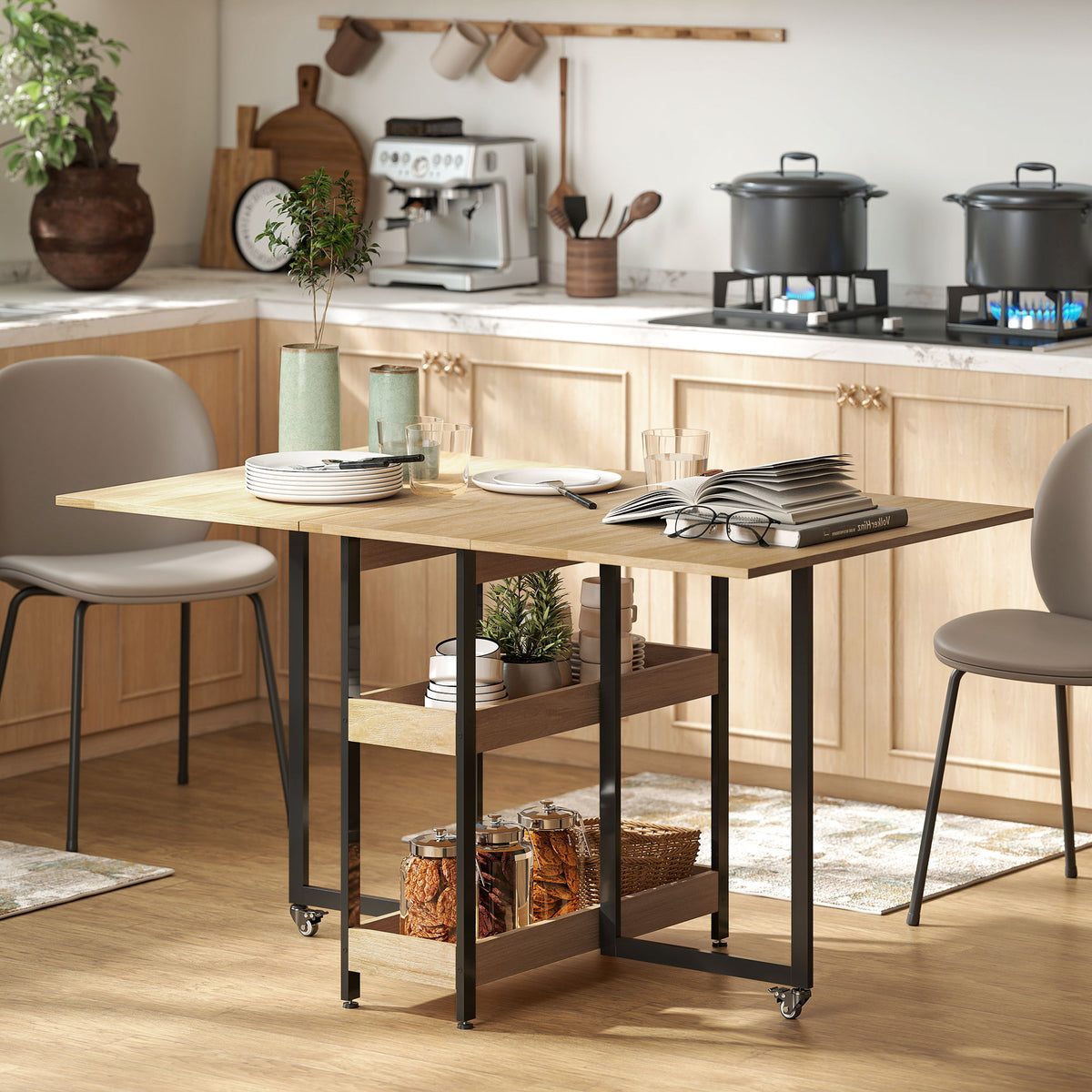 Table à manger pliante sur roulettes 4 personnes avec compartiments ouverts, pour petits espaces, salle à manger, chêne-1