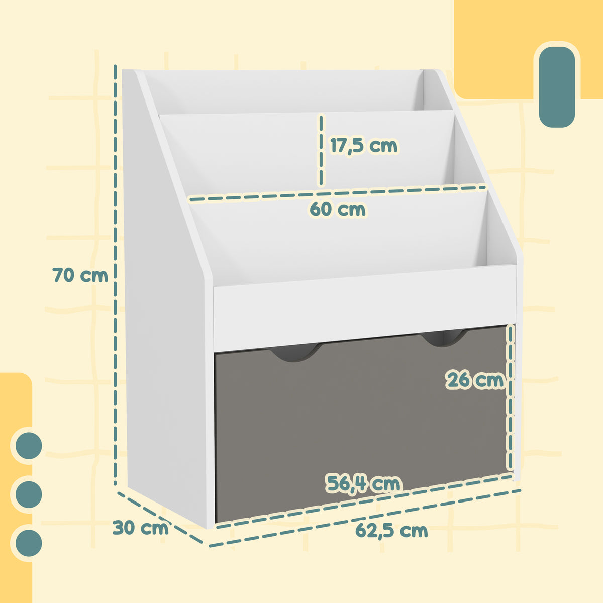 Bibliothèque pour enfants Multi-Rangement avec 3 niveaux d'étagères et un tiroir, 62,5L x 30l x 70H cm, gris et blanc-2