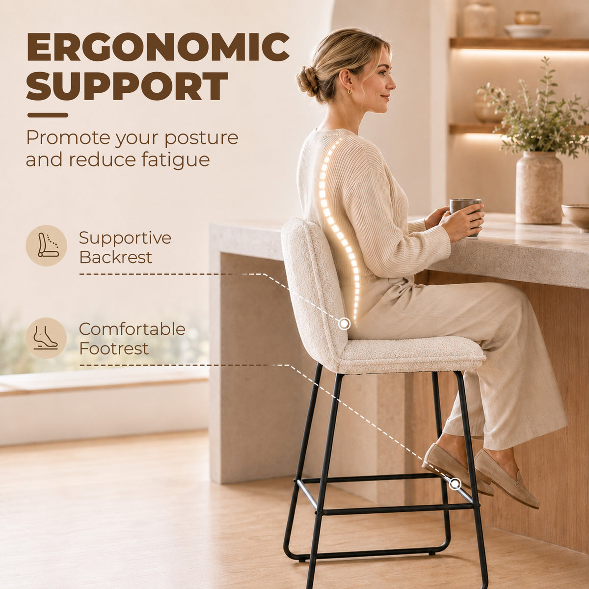 Lot de 2 Tabourets de Bar, Chaises de Bar Rembourrées en Tissu Bouclette, Extra-Large Assise 66H cm, Crème-7
