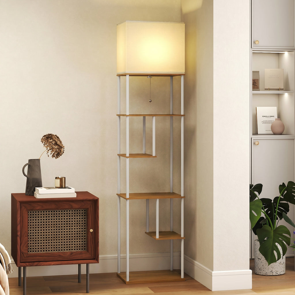 Lampadaire avec étagères, lampadaire sur pied de salon dimmable, télécommande, 40 x 29 x 171 cm, bois naturel-1