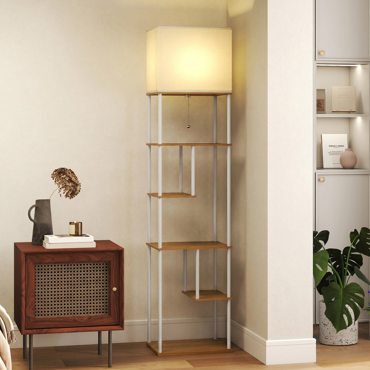 Lampadaire avec étagères, lampadaire sur pied de salon dimmable, télécommande, 40 x 29 x 171 cm, bois naturel-1