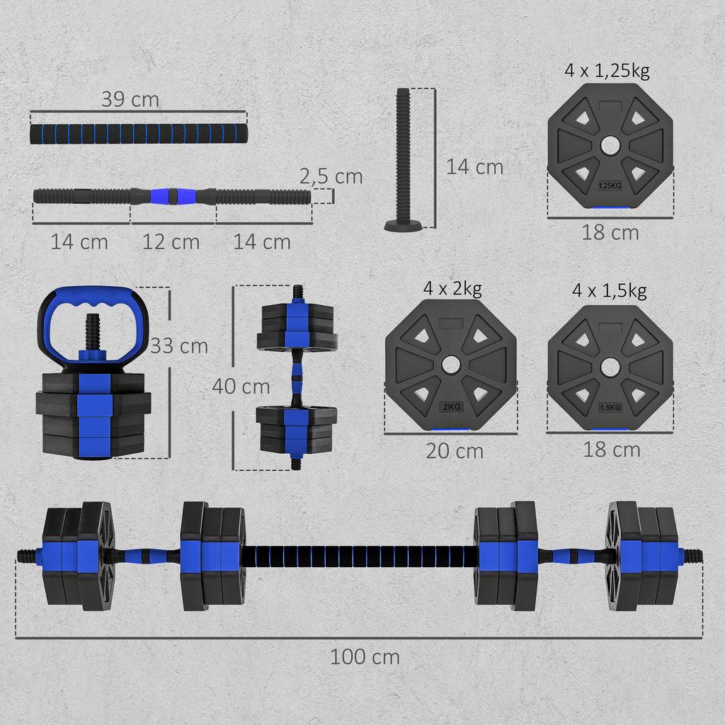 Ensemble d'haltères musculation 6-en-1 haltère réglable 20 kg kettlebell, barre de musculation support pour pompes bleu-2
