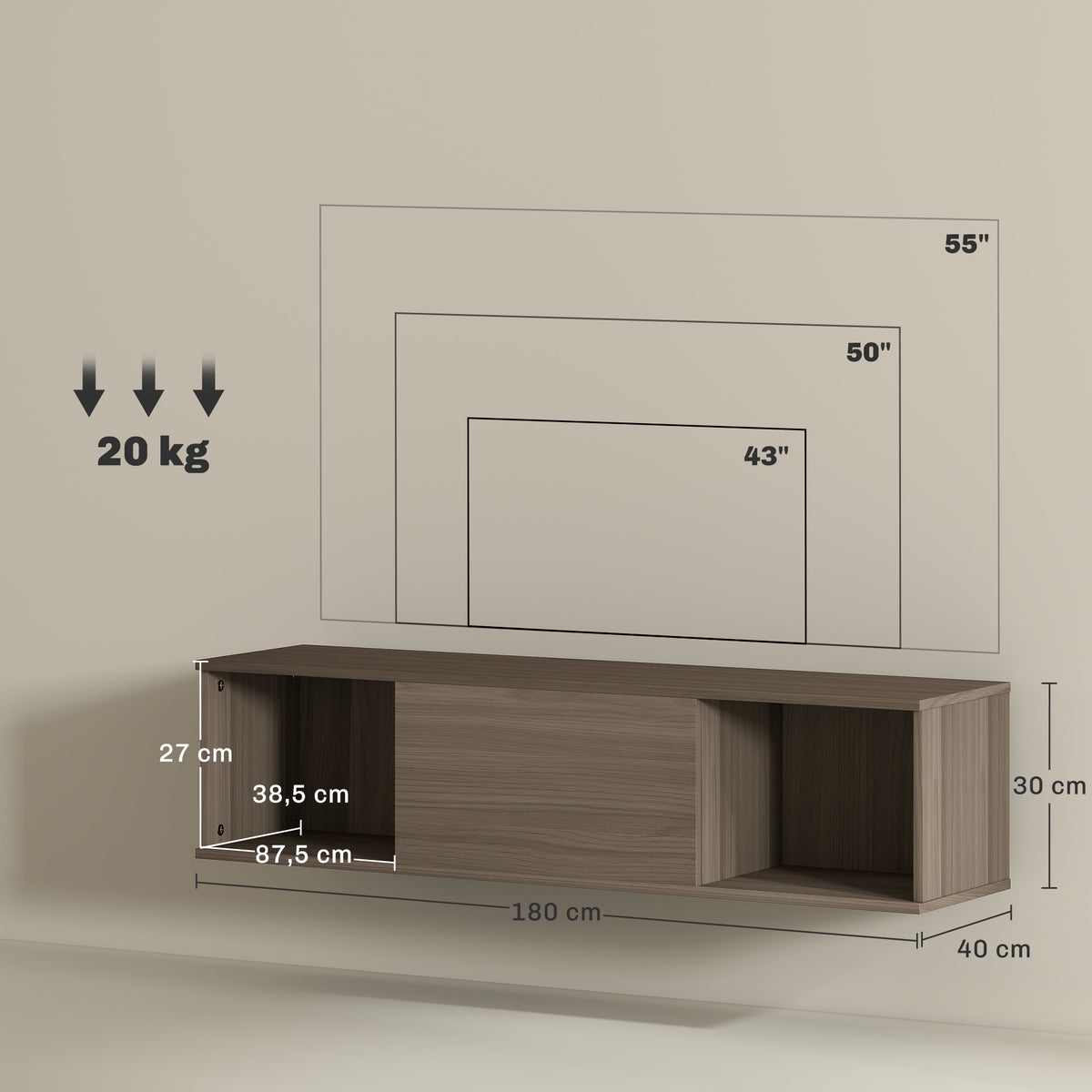 Meuble TV suspendu, Armoire murale avec 2 compartiments ouverts et porte rabattable, 120 x 30 x 29,5 cm, marron-2