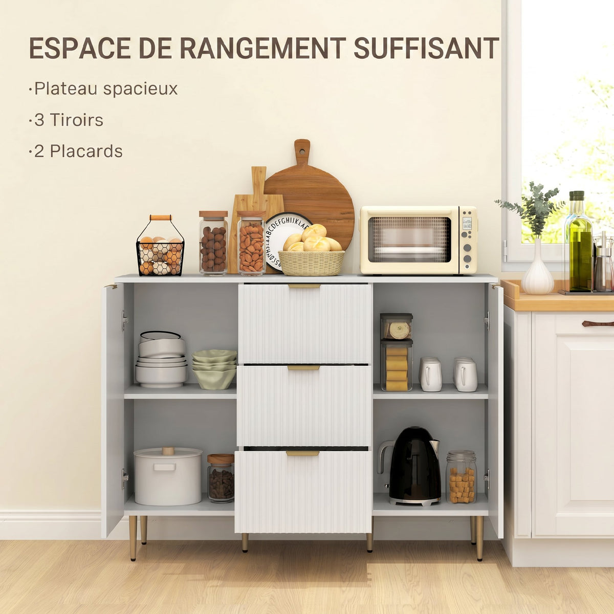 Buffet meuble cuisine rangement avec 3 tiroirs, étagères réglables, placards à portes cannelées, 120 x 40 x 90 cm, blanc-3