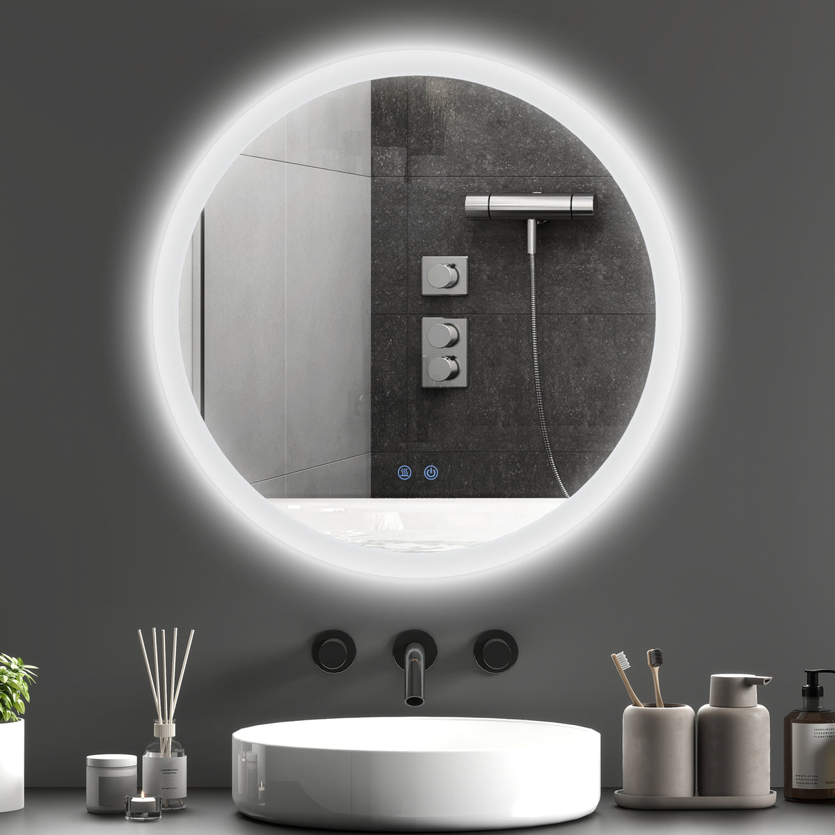 Miroir rond lumineux LED de salle de bain Ø 60 cm mural avec éclairage 3 couleurs interrupteur tactile 29 W gris-1
