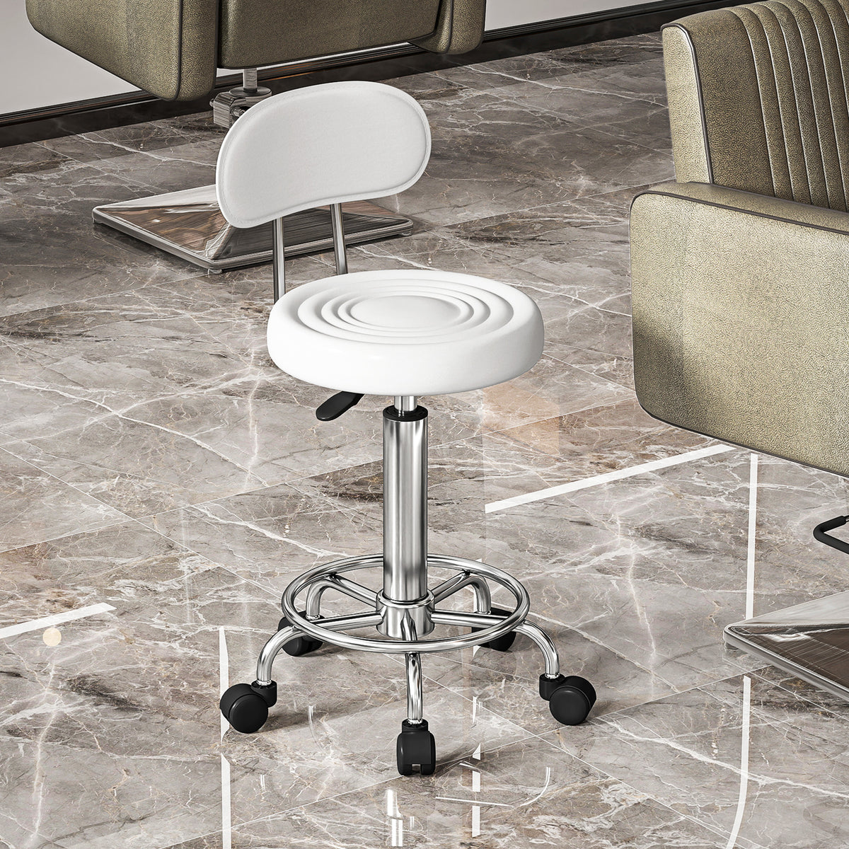 Tabouret à roulettes, tabouret de massage avec hauteur réglable 70-86 cm et dossier, pivotant 360°, blanc-1