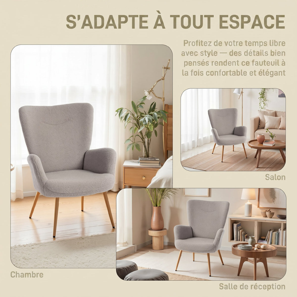 Fauteuil salon, fauteuil d'appoint rembourré en tissu bouclette avec haut dossier et accoudoirs, 71x74x97,5cm, gris-5