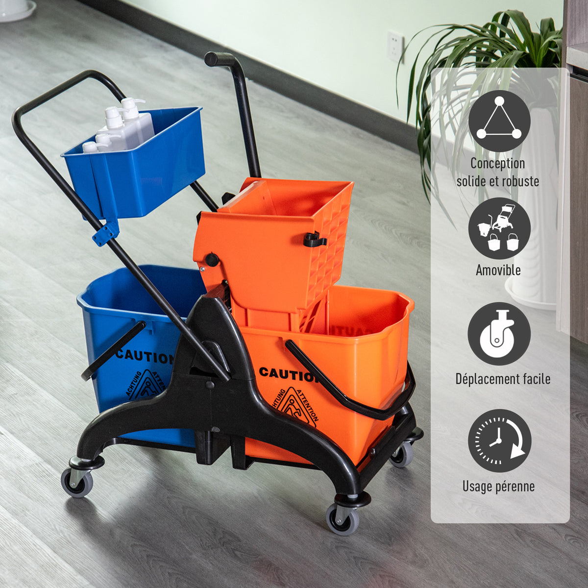 Chariot de ménage chariot de lavage professionnel essoreuse latérale seau 26 L + panier de rangements 78 x 45 x 95 cm métal et plastique orange-5
