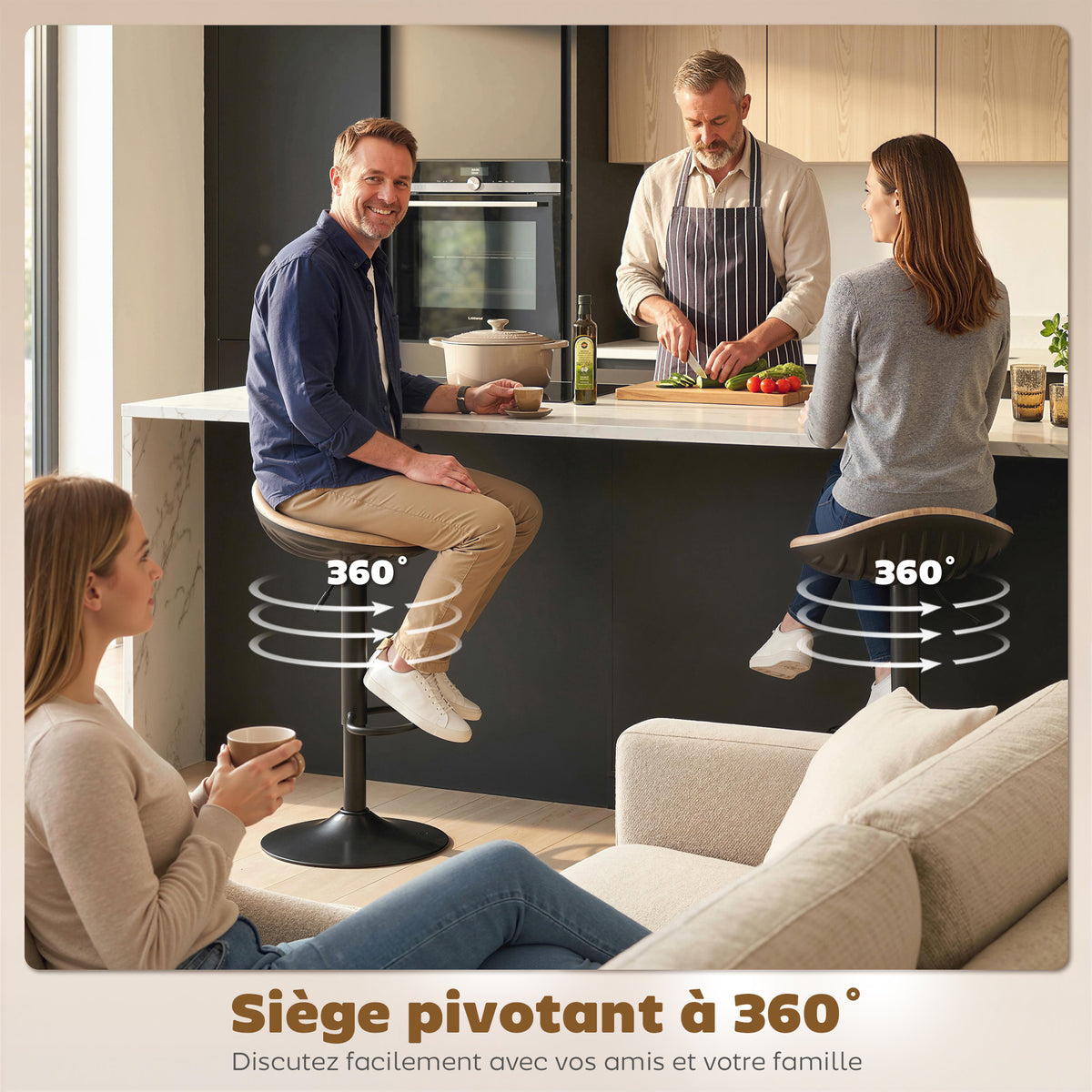 Lot de 2 tabourets de bar, chaises de bar réglables en hauteur avec repose-pieds, pivotant 360°, base en acier, chêne-6