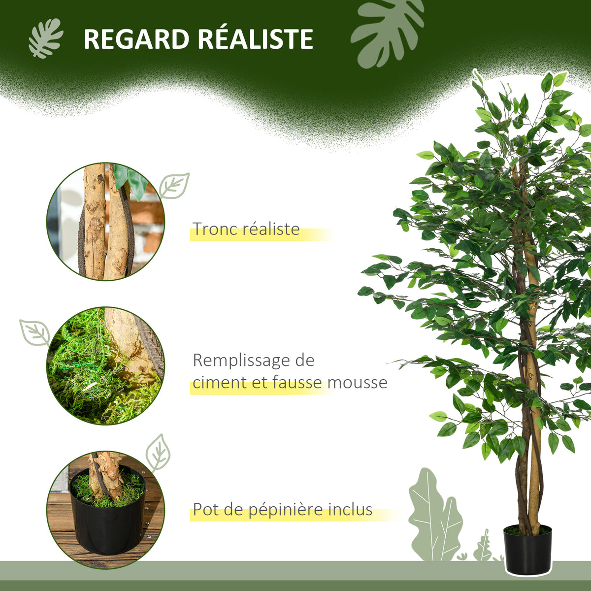 Lot de 2 plantes artificielles ficus hauteur 1,50 m tronc branches liane lichen feuilles grand réalisme pot inclus vert-3