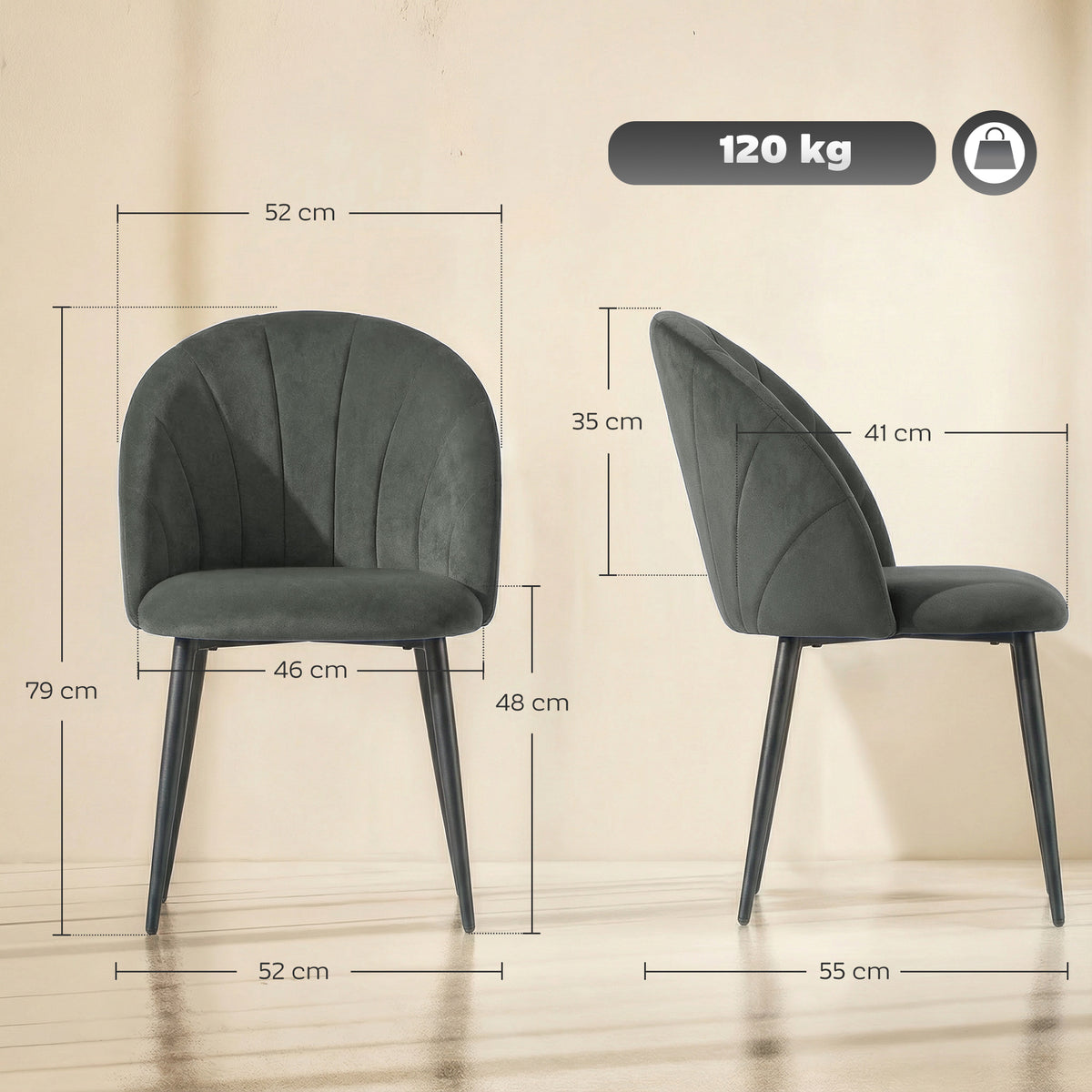 Lot de 2 chaises de salle à manger, chaises de cuisine rembourrées sans accoudoirs, pieds en acier, 52x55x79cm, gris-2