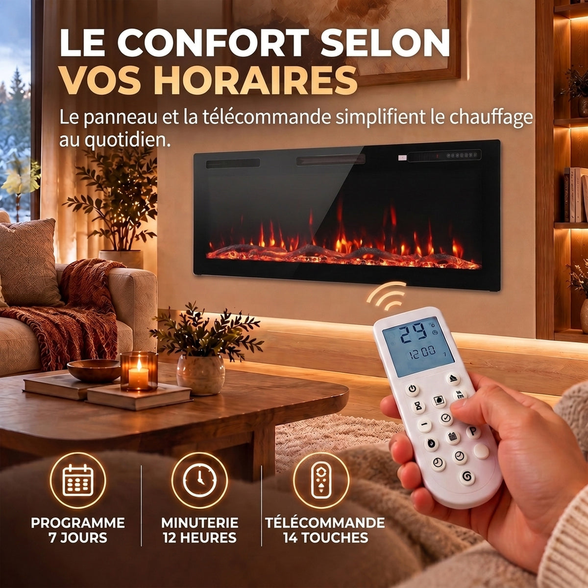 Cheminée Électrique Encastrable Murale ou à Poser 3 en 1 Cheminée Décorative Extra-Plat 900W/1800W Effet Flamme 3D Noir-6