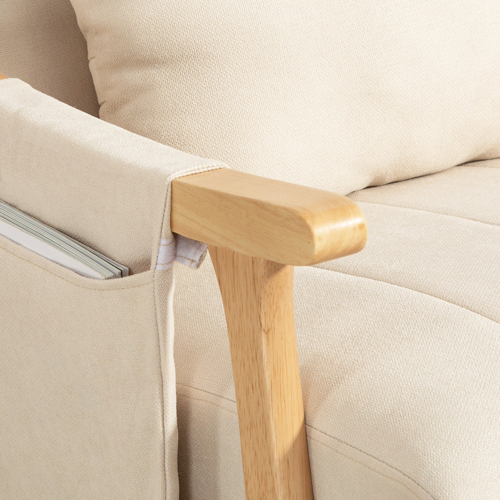 Fauteuil à bascule, Rocking Chair en Tissu Efft Lin, Coussin Lombaire, Assise Rembourrée, Pieds en Bois d'Hévéa, Beige-3