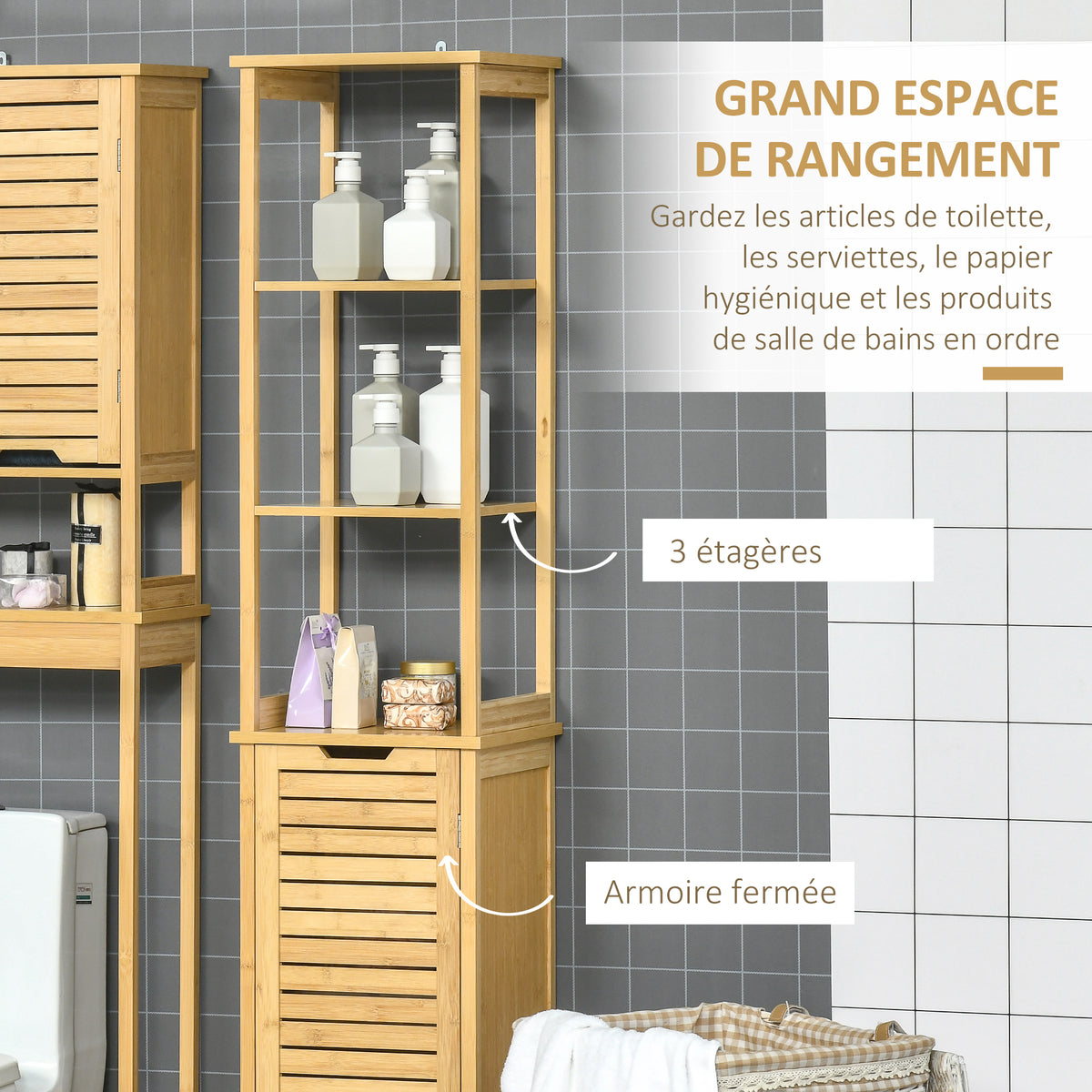 Meuble colonne de salle de bain avec 3 étagères et placard porte persienne en bambou-4