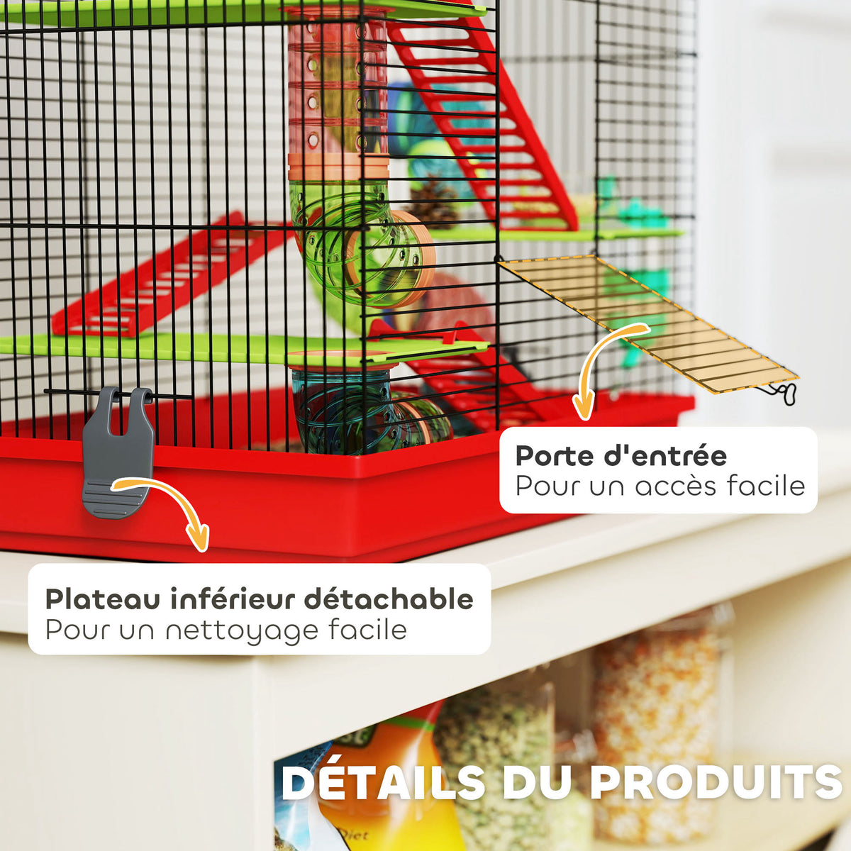 Cage pour hamster souris petit animaux rongeur avec tunnel mangeoire roue jouet 47 x 30 x 59 cm rouge-5
